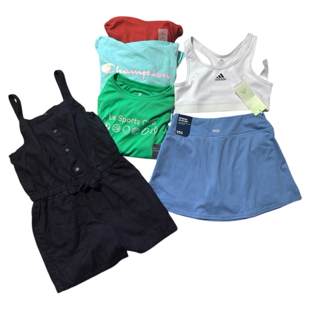 Lot of 6 NEW Girls Size 10-12 Clothes, Skort, Romper, Shirts, Champion, Adidas